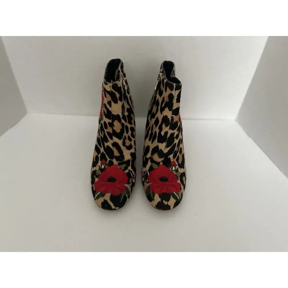 KATE SPADE LEOPARD CALIF HAIR BOOTIES WITH ROSE EMBROIDERED DETAIL, SIZE 6M